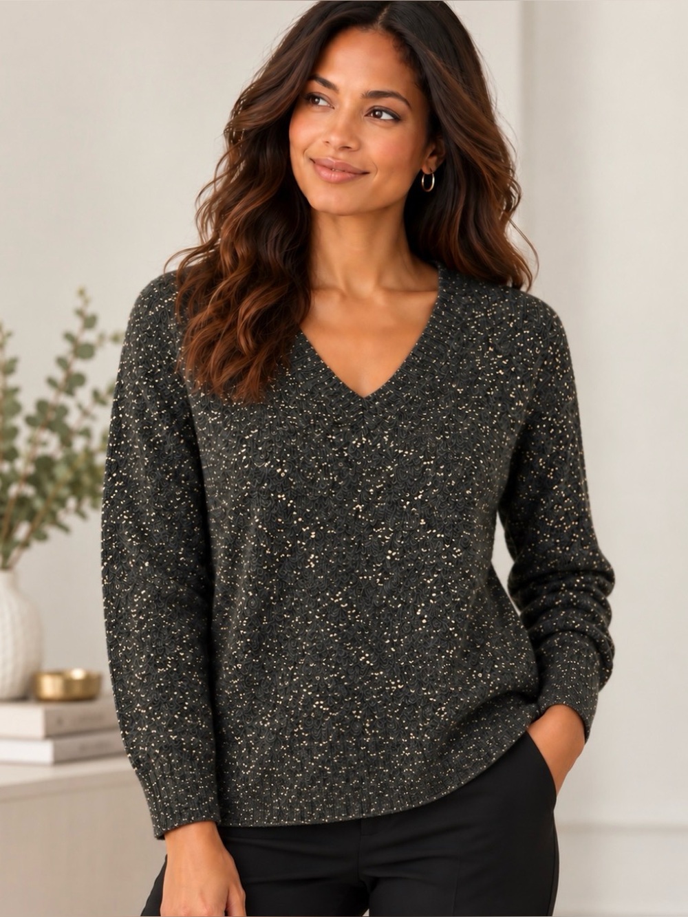 LOFT Gold Speckled Metallic V-Neck Sweater Gray Size Small NWT